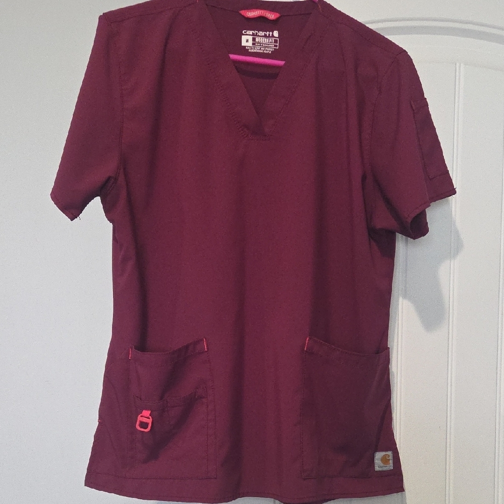 Carhartt Women's V-Neck Scrub Top in Burgundy with Pink Accent